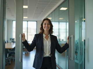 A professional woman stands confidently at the entrance of a modern office, embodying the blend of aging population and advancing technology that shapes todays workforce environment
