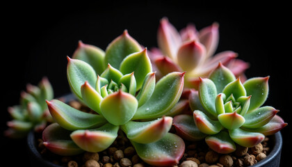 Fototapeta premium Colorful succulents in black pot with pebbles on dark background 