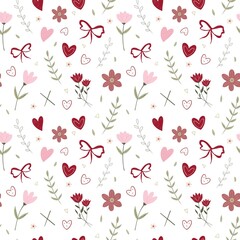 A repeating pattern featuring hearts, bows, flowers, and foliage, arranged on a white background
