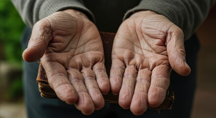 Fototapeta premium Aged hands holding an old book displaying wrinkles detailed skin texture