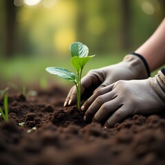 Close-up of hands in gardening gloves planting a young sapling in dark rich soil.