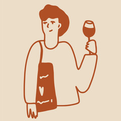 Wine. Winemaking Serving A glass and wine. People drink wine. Pleasure from life. Line art