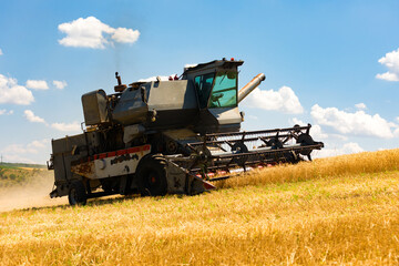 Fototapeta premium Aged agricultural combine harvesting golden wheat on a sunny day with blue sky and scattered clouds over sloped farmland.