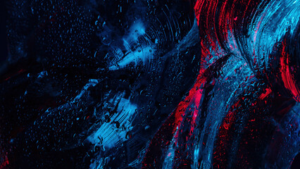 Abstract wet glass surface with vibrant red and blue neon reflections, water droplets, and dynamic curved brushstrokes.