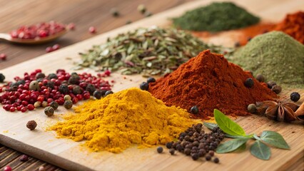 Colorful array of spices spread across a wooden surface showcasing their vibrant hues and natural textures