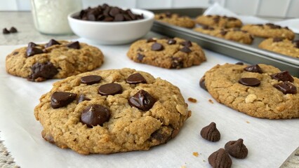 Homemade oatmeal cookies with dark chocolate chips arranged on a kitchen counter