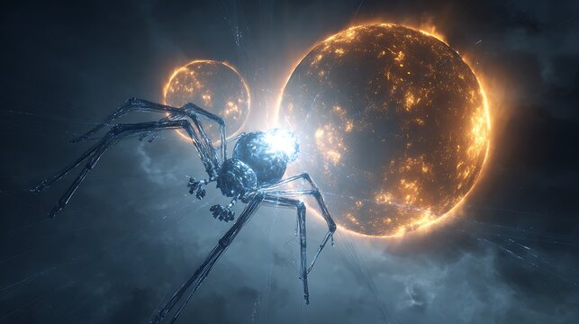 Spider Oversees Flaming Planets. Sci-fi creature watches over planetary conflagration. For science fiction, design, web, or editorial use. - Powered by Adobe