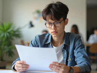 A young asian man is focused while reading documents in a modern office environment that emphasizes the intersection of aging population and technology enhancing productivity