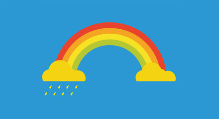 Rainbow and rain clouds over a blue backdrop. Graphic style illustration