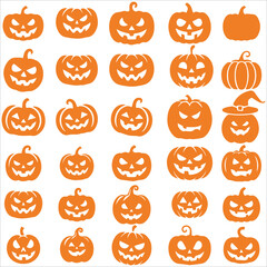 Halloween Pumpkin Faces Vector Set,Halloween pumpkin faces collection, scary jack-o-lantern silhouettes, spooky carved pumpkins set, festive Halloween design, flat vector illustration