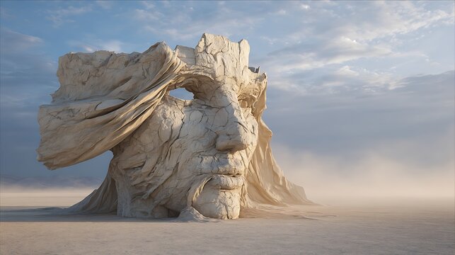 Rock Face Statue Stands in Desert Landscape. Use for design, marketing, web.