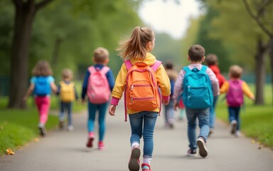 small schoolchildren with colorful school bags and backpacks run to school. Back to school, education, elementary school. High quality