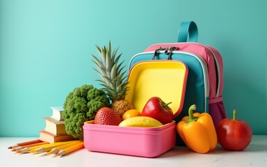 Healthy Lunchbox with Fruits, Vegetables, Backpack, Books, and Pencils, Ready for School Day. High quality
