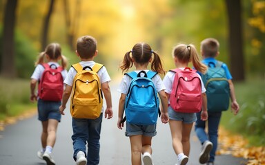 Obraz premium small schoolchildren with colorful school bags and backpacks run to school. Back to school, education, elementary school. High quality