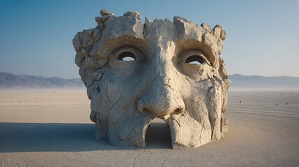 Enormous stone face sculpture stands in desert landscape. Evokes mystery. Metaphor for humanity, art, architecture, marketing, advertising, editorial, web use.