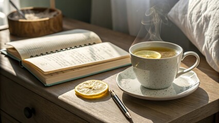 Warm lemon water on bedside table with journal and pen during morning sunlight