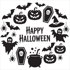 set of (insert style) halloween objects on a white background,Set of  Happy Halloween design elements on white background,Freehand drawings on white isolated background. Creative poster or banner,