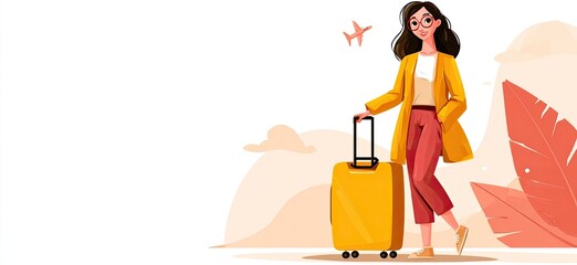 Woman with luggage, ready for travel, cartoon style