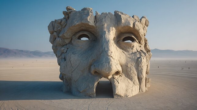 Enormous stone face sculpture stands in desert landscape. Evokes mystery. Metaphor for humanity, art, architecture, marketing, advertising, editorial, web use.