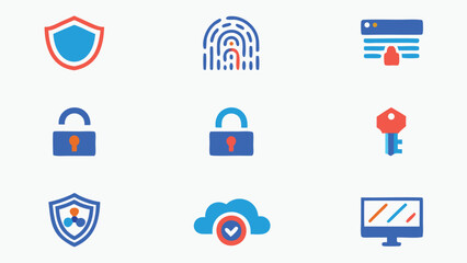 Collection of nine security icons including shield, fingerprint, padlock, key, cloud and monitor