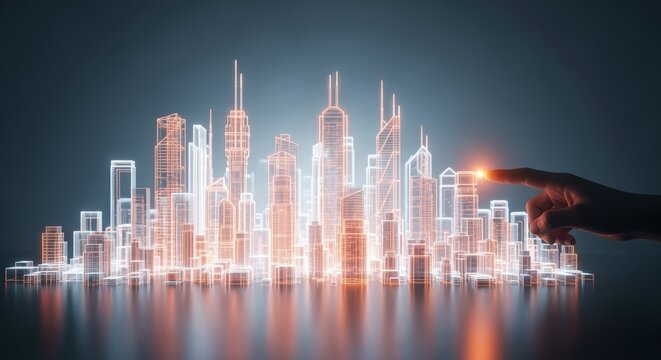 Futuristic Cityscape Illustration with Hand Interacting with Digital Interface, Representing Innovation and Technology