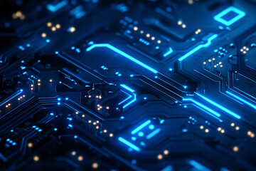 Futuristic Glowing Blue Circuit Board Close-Up, Technology and Digital Electronics Background
