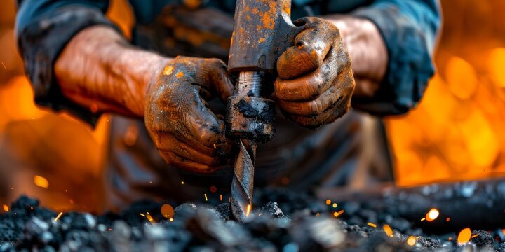 Blacksmith drilling metal over hot coals in workshop