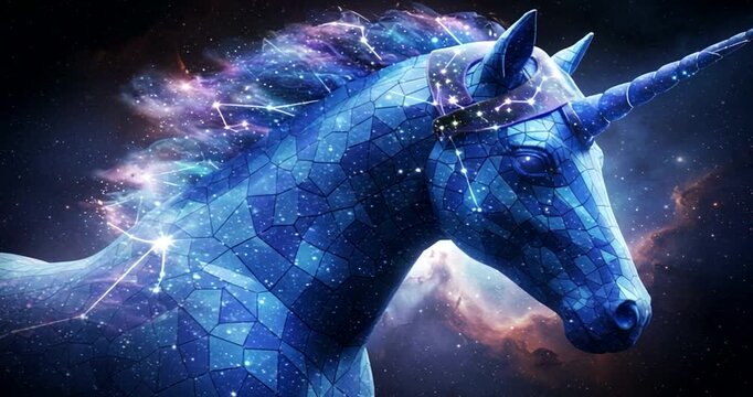 Majestic blue unicorn in a cosmic galaxy setting