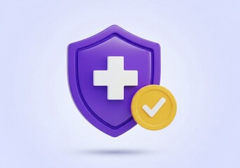 Fototapeta premium Secure health protection symbolized by a purple shield with a white cross and a yellow checkmark