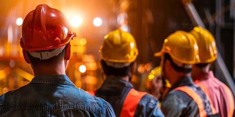 Miners wearing protective helmets observing work in progress