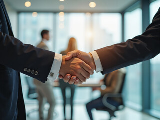 Business professionals shaking hands with technology in the background, representing collaboration and partnership in a modern workplace, focusing on the aging population