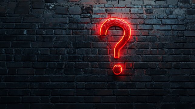 Glowing red neon question mark on a dark brick wall. - Powered by Adobe