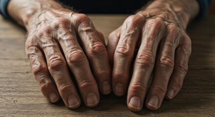Fototapeta premium Two aged hands lined with prominent veins and wrinkles rest on a wooden surface