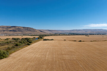 Obraz premium stunning aerial view lush countryside and golden fields during harvest season