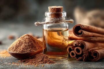 Cinnamon oil and powder in small glass bottle and wooden spoon