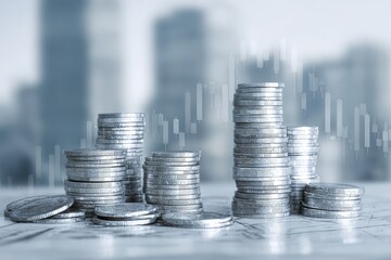 Silver coins stacked in piles, financial growth concept. Blurred city background