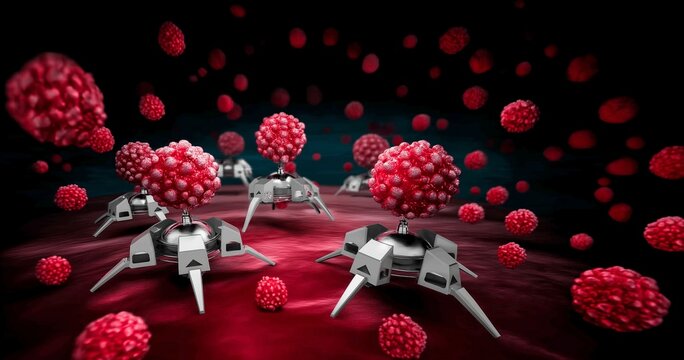 nanobot medicals concept. Futuristic cells interacting in a digital environment.