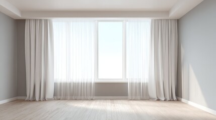 Fototapeta premium Bright Empty Room Interior with Large Window, White Curtains, and Light Wood Floor