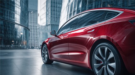 Fototapeta premium Sleek Red Electric Vehicle on Urban Street with Modern Architecture Backdrop