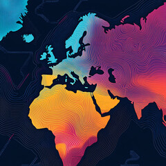 Colorful Topographic Map of Europe, Africa, and Asia with Gradient Contour Lines on Dark Background, Modern Geographic Art
map, world map, Europe, Africa, Asia, topographic, contour lines, gradient, c