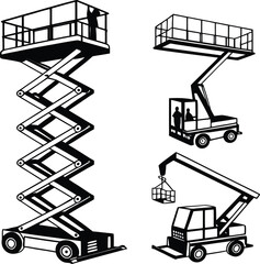 Construction Scissor Lift Silhouette Collection  Side, Front, and Perspective Views