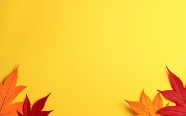 Yellow background with autumn leaves, space for text in the middle, back school, banner. High quality