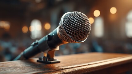 Obraz premium A close-up of a microphone on a stand, with a blurred audience in the background, creating a warm, inviting atmosphere for public speaking or performance.