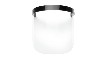 A clear plastic face shield isolated on a white background. The shield is designed to protect the wearer's face from splashes and airborne particles.