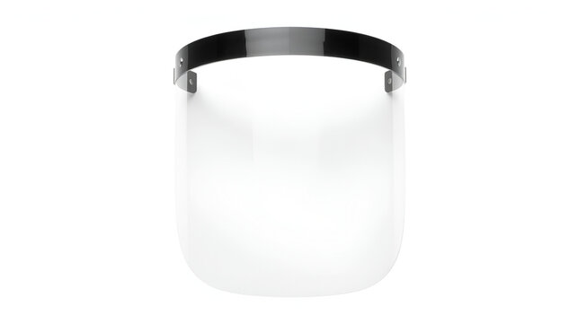 A clear plastic face shield isolated on a white background. The shield is designed to protect the wearer's face from splashes and airborne particles.