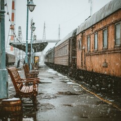 Fototapeta premium Snowy train station, vintage benches
