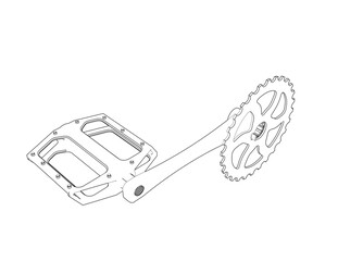 Bicycle Pedal and Chainring Technical Drawing. Detailed Wireframe Outline Illustration of Bike Crank and Drivetrain Component. Monochrome Engineering Schematic for Cycling Parts Design and Repair.