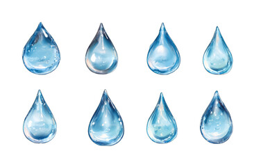 Nine stylized water drops, varying in subtle details of light and reflection