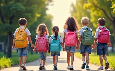 Students with backpacks head to school, ready to learn and grow.back to school | 1 september | first september. High quality