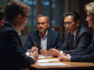 A group of professionals discussing strategies in a modern meeting room, showcasing the impact of technology on the aging population and its relevance in business decisions
